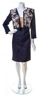 An Yves Saint Laurent Navy Linen Suit, Jacket Size 34.