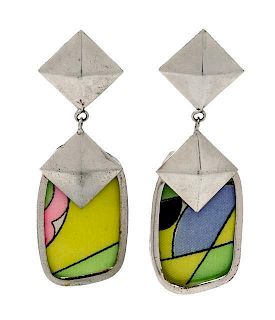 A Pair of Emilio Pucci Silvertone Drop Earclips, 3.5" x 1.5".
