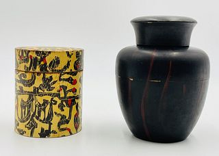 Pair of Lidded Vessels/Jewelry Containers One wood and one Batik Covered