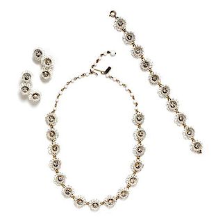 A Kramer White Lace and Rhinestone Parure, Necklace 17", Bracelet 7", Earclip 1.5".