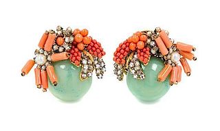 A Pair of Miriam Haskell Green Stone and Coral Bead Earclips,