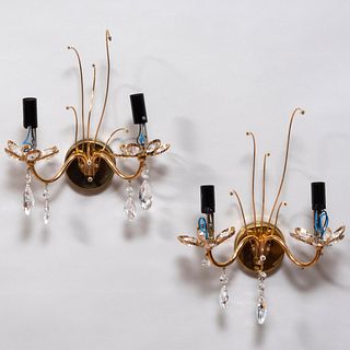 Pair of Gilt-Metal and Cut-Glass Two-Light 'Palwa' Sconces