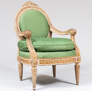 Large Louis XVI Style Cream Painted and Parcel-Gilt Fauteuil à la Reine 