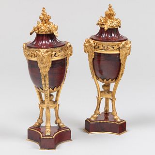 Pair of Louis XVI Style Gilt-Metal-Mounted Marble Covered Urns