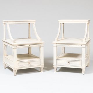 Pair of Modern Cream Painted Wood Two-Tier Night Tables, by Mark Hampton 