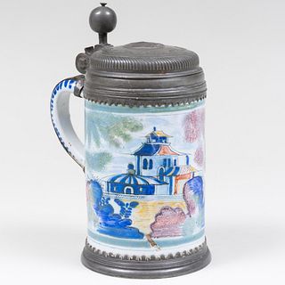 Continental Faience Polychromed Tankard with Pewter Cover