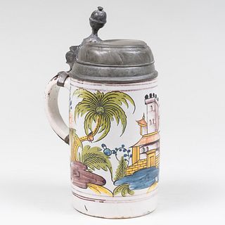 Continental Faience Polychromed Tankard with Pewter Cover