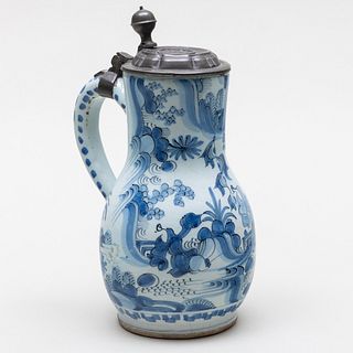 Delft Blue and White Tankard with Pewter Lid 