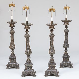 Set of Four Italian Patinated Bronze Altar Sticks