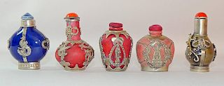 Grouping of Five Snuff Bottles Mounted in Metal