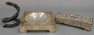 Three piece group including Christian Dior silver dish (8" x 8"), modern Dansk spiral candle holder (ht. 5 1/4in.), and Godin