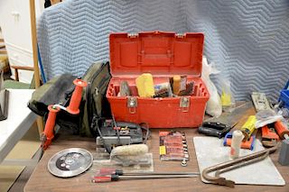 Table group of tools including Skil sander, jig saw, tiling tools, and a tile saw.