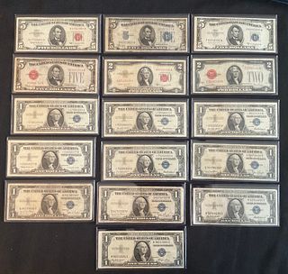 Group of 16 Mixed US Currency Silver Certificates Star Notes Red Seals 12 Blue Seals