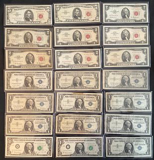 Group of 21 Mixed US Currency Silver Certificates Red Seals Blue Seals $1 $2 $5