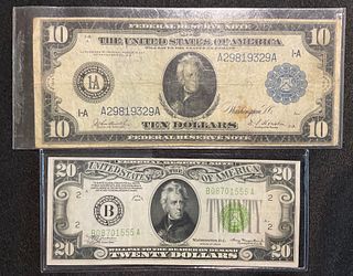 1914 Large Bill 10 Dollar Federal Reserve Note and 1934 20 Dollar Green Seal Note