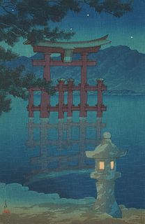 Hasui Japanese Woodblock Print, Starlit Night at Miyajima