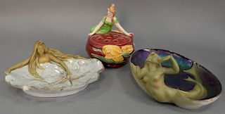 Three Art Nouveau dishes including an Amphora Turn Wein pottery figural dish with lily pad and flower, marked on bottom: Turn