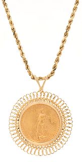 1924 $20 Gold Piece in 14K Chain & Bezel