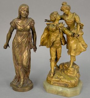 Two figured bronzes including one of two people "Le Passage Du Gue" marked on plaque Barthelemy along with a girl with a long