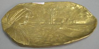 Peter Tereszczuk (1875-1963) art nouveau bronze tray having relief of a bust of a woman and a farm landscape, made in Austria