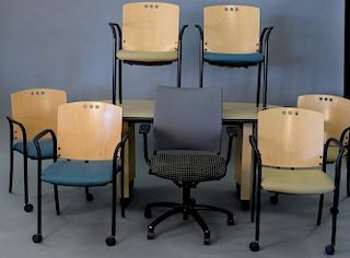 Eight piece office lot including oval table, six armchairs, and one office chair, by Hon. table ht. 29 1/2in.; top: 7 1/2" x 