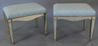 Pair of mirrored benches with upholstered tops. ht. 18in., top: 16" x 21 1/2"