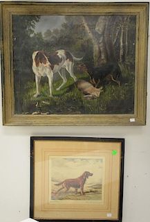 Group of four framed dog pieces to include pastel of a small dog unsigned, an oil on canvas of two dogs with a rabbit, a prin