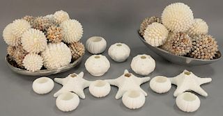 Beach seashell decorative décor group having two bowls with round seashell balls (dia. 3in. to 5 1/2in.) and a group of 13 R