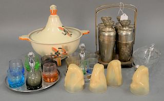 James Napier cocktail shaker set including two art nouveau shot glass trays with nude woman center, set of four art nouveau g
