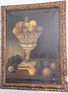 Primitive oil on canvas still life of fruit in a compote, unsigned, 18th/19th century. 23" x 17"