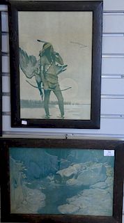 Set of five NC Wyeth Indian prints in arts and crafts oak frame. 15" x 10" and 10" x 15"