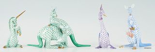 4 Herend Porcelain Figurines, incl. Kangaroos, Bird & Unicorn