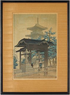 Hasui Kawasi Japanese Woodblock Print, Zentsuji Temple in Rain