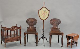Five piece lot to include a pair of carved side chairs, a canterbury, miniature gateleg table, and pole screen (ht. 55in.)