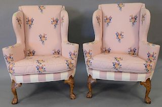 Pair of custom Chippendale style upholstered wing chairs (minor imperfections in upholstery). total ht. 44in.