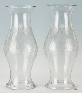 Two Engraved Blown Glass Hurricane Shades