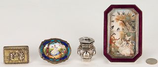 4 Small Silver items: Vinaigrette, Oil Lamp, Enameled Clock and Compact