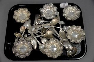 Tray lot of sterling silver flatware and nut dishes. 18.76 t oz.