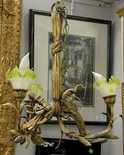 Two piece lot including French style three light chandelier with heavy brass flower and leaf design and green and clear frost