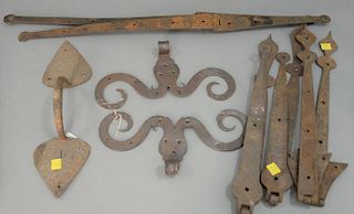 Tray lot of various iron hinges and handle.