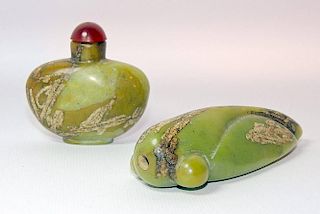 Two Green and Russet Jade Snuff Bottles