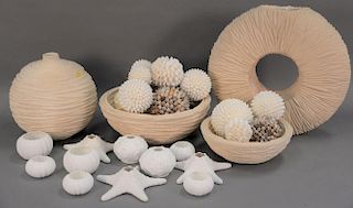 Beach seashell decorative décor group having two bowls with round seashell balls, two matching vases (ht. 18in.) , and a gro