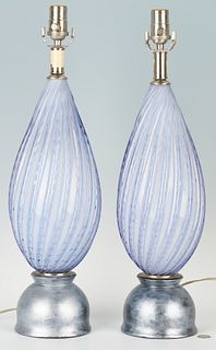 Pr. Mid-Century Blue Murano Glass Table Lamps