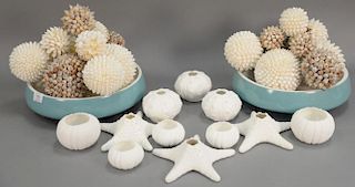 Beach seashell decorative décor group having a pair of turquoise bowls with round seashell balls,  and a group of 13 Roost p