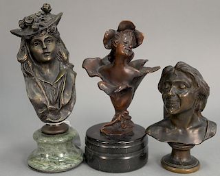 Three bronze bust of women, two marked illegibly. hts. 6 1/2in., 9in., & 10in.