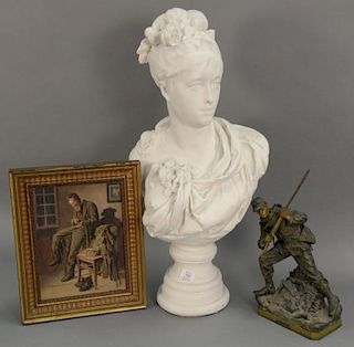 Three piece group to include a large plaster bust (ht. 31in.), white metal soldier (ht. 15in.), and an oil on board of an int