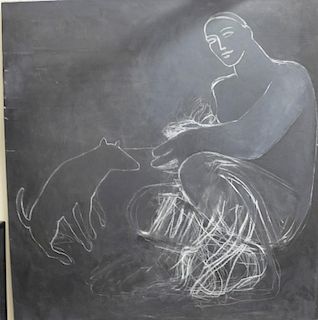 Attributed to Maria Scotti (1942-2012) oil on canvas Man Playing with Dog, 50" x 48".