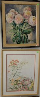 Three paintings to include a watercolor still life of flowers signed and dated lower left J. Kinal 1984, an oil on canvas sti