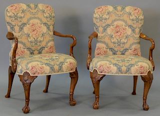 Pair of Chippendale style open arm chairs, very clean.