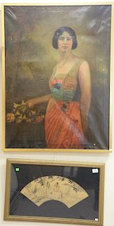 Two framed pieces including an oil on canvas 3/4 length portrait of a woman (40" x 30") and an Oriental framed fan with water